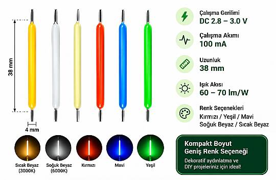 38mm Mavi Led Işık Çubuğu – 3V 100mA – 10 Adet - 5