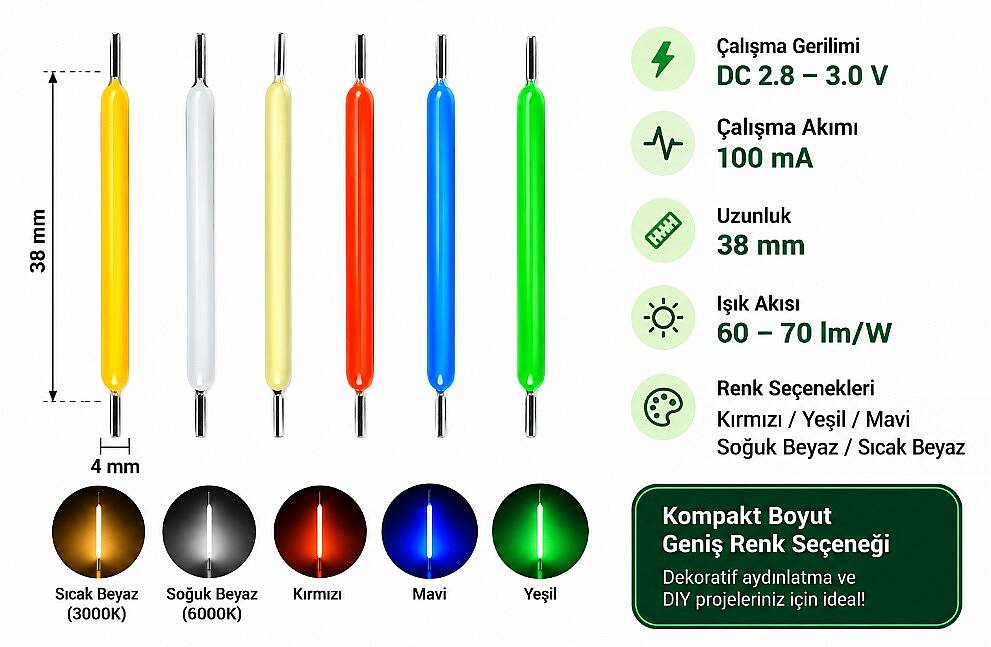 38mm Yeşil Led Işık Çubuğu – 12V 50mA – 10 Adet - 5